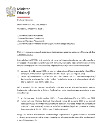 Grafika Zmiany w zasadach organizacji kształcenia i wsparcia uczniów z Ukrainy od 1 września 2026 r.