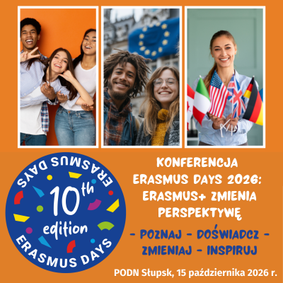 Grafika Konferencja: Erasmus Days 2026. Erasmus+ zmienia perspektywę - Poznaj - Doświadcz - Zmieniaj - Inspiruj